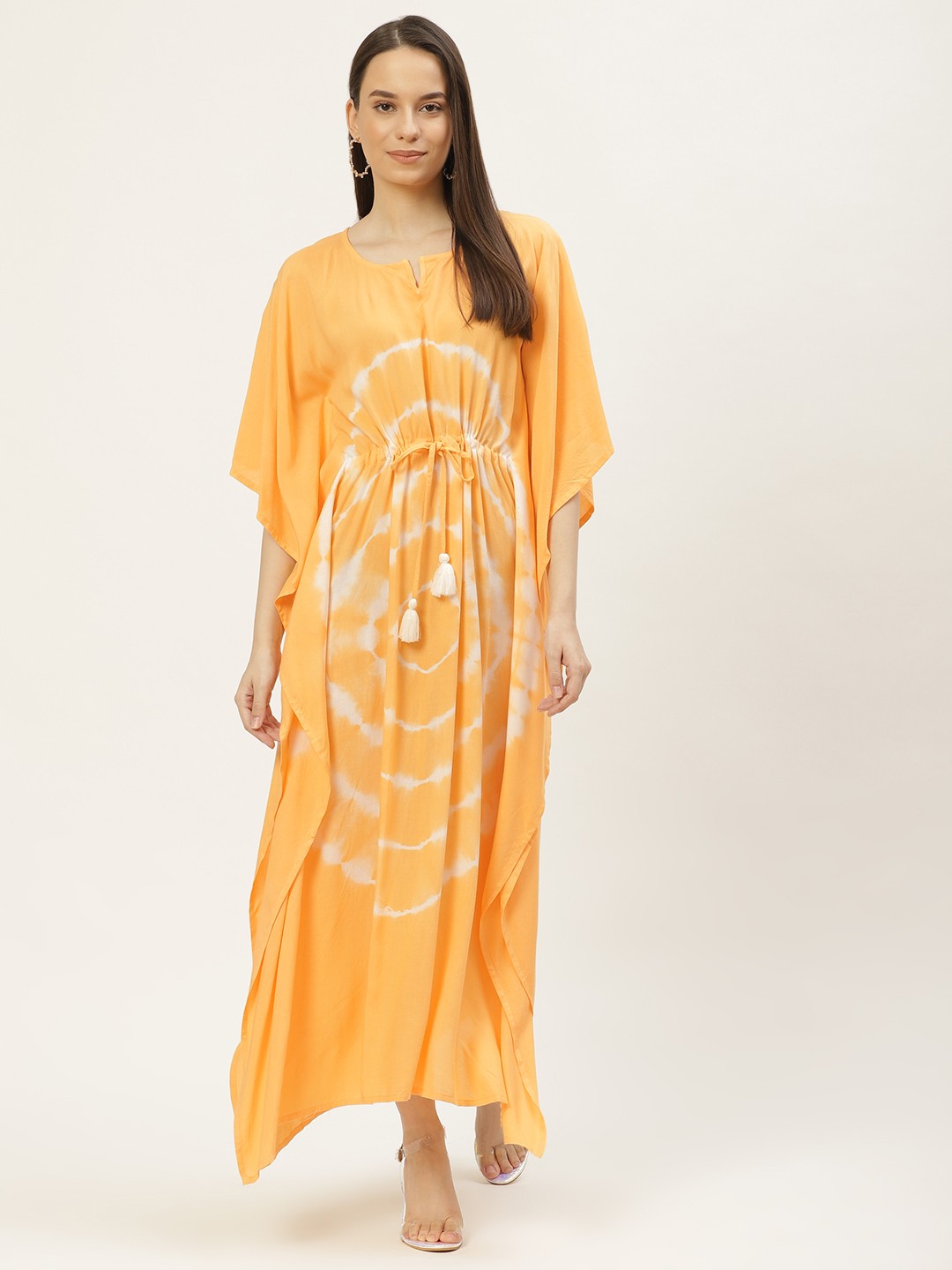 

Maaesa Mustard Yellow & Off White Tie and Dye Kaftan Maxi Dress
