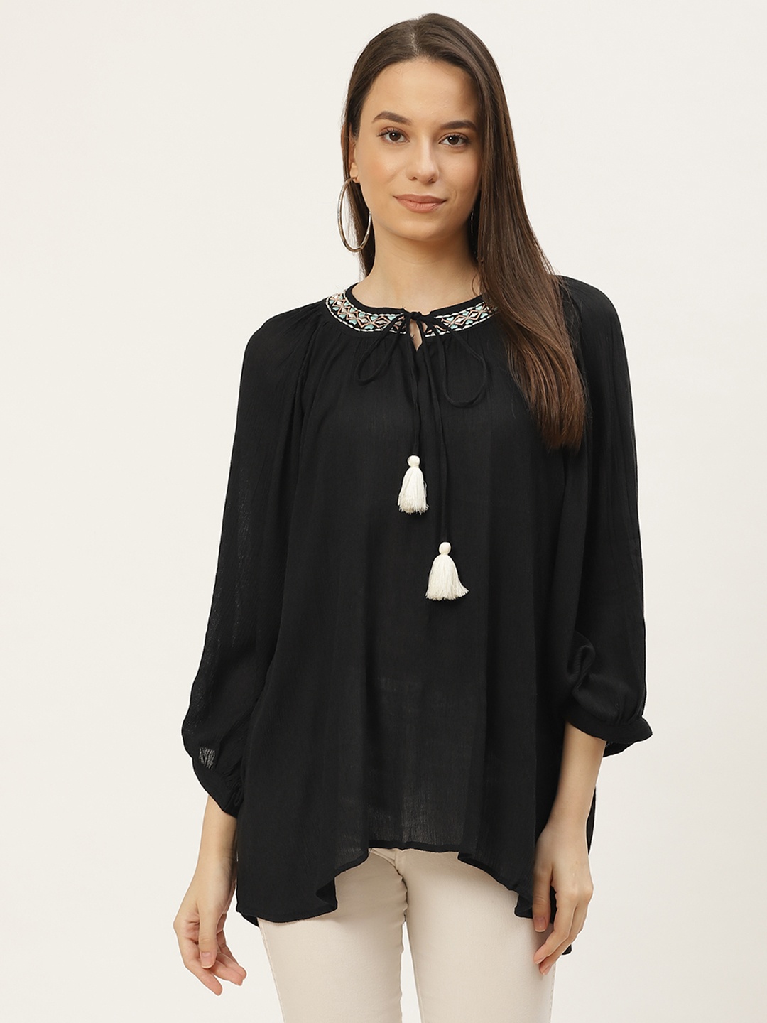 

Maaesa Black Tie-Up Neck Crepe Semi-Sheer Regular Top