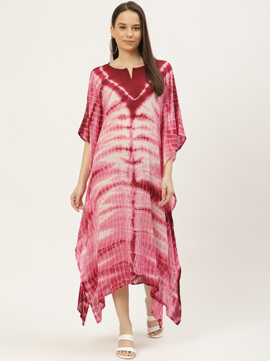 

Maaesa Pink & Maroon Tie and Dye Kaftan Midi Dress