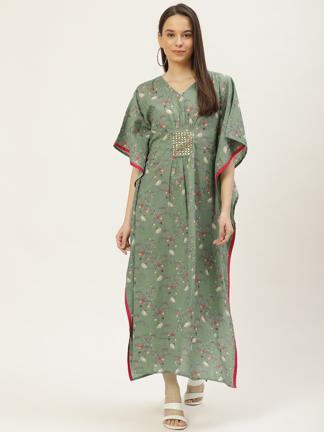 

Maaesa Green & Pink Cotton Floral Printed Kaftan Maxi Dress