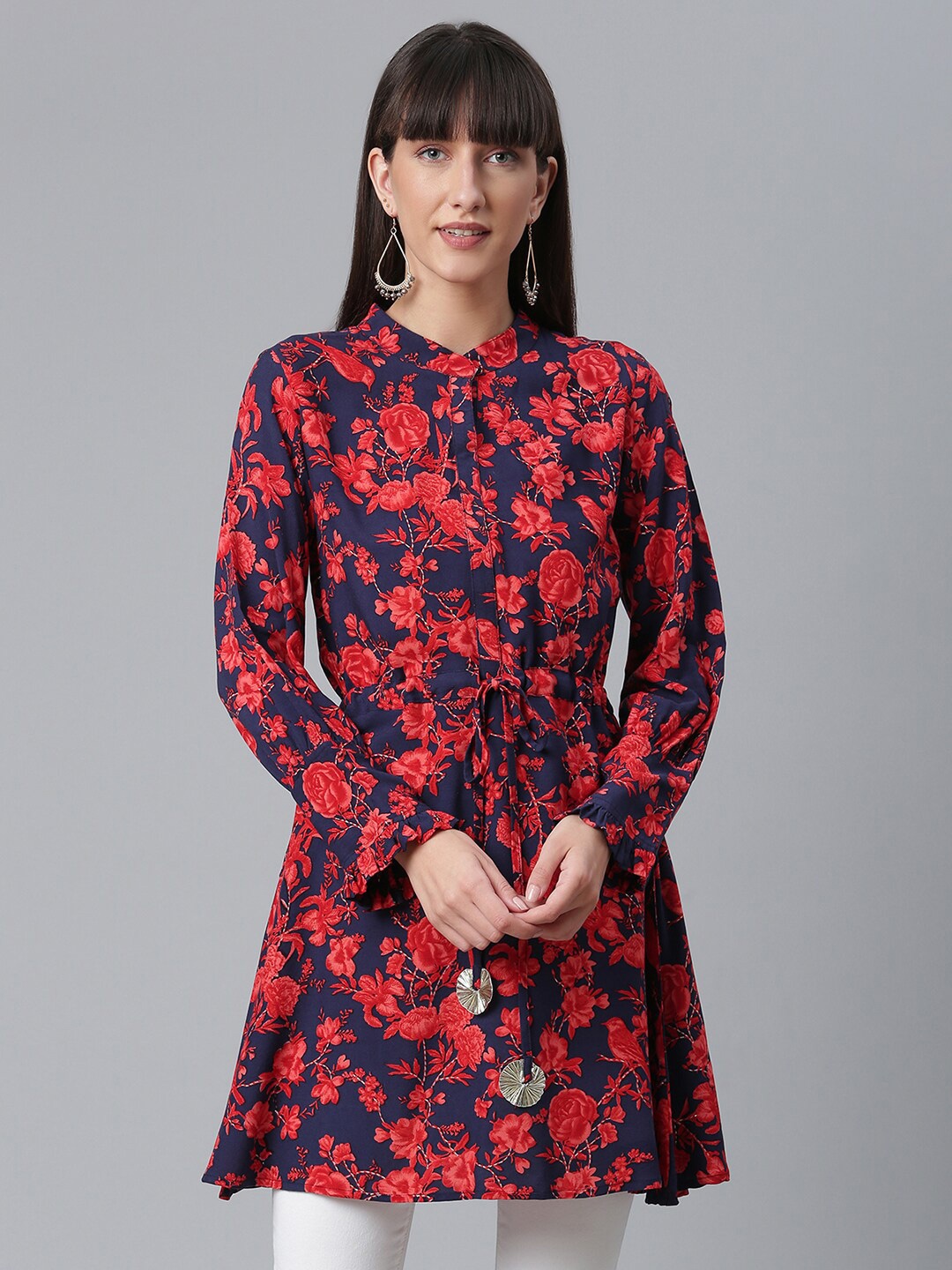 

Ahalyaa Navy Blue & Red Mandarin Collar Printed Tunic