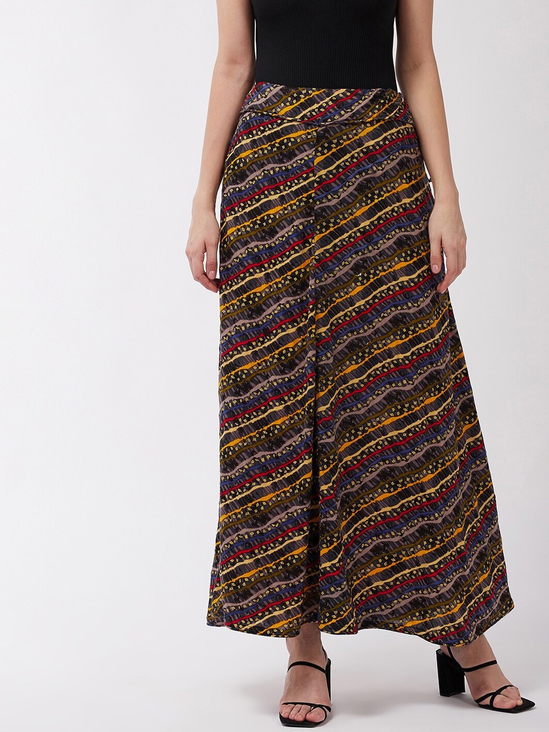 

InWeave Women Black & Yellow Lahariya Printed A-Line Maxi Skirt