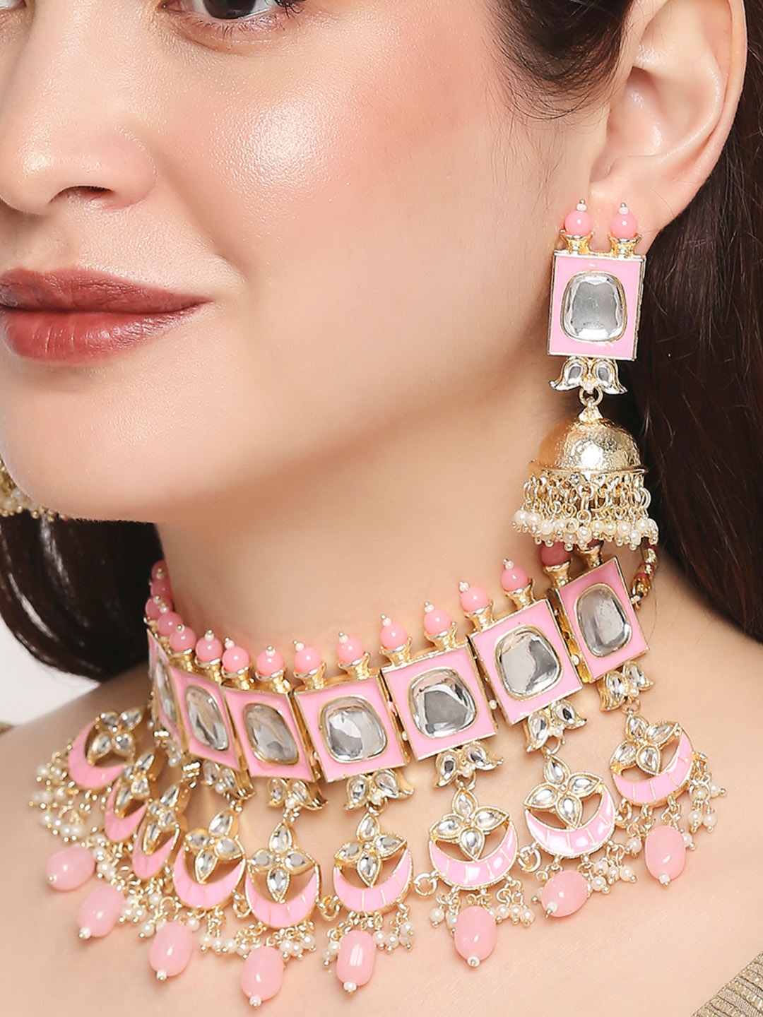 

OOMPH Gold-Plated Kundan Stone Studded & Beaded Pink Meenakari Jewellery Set