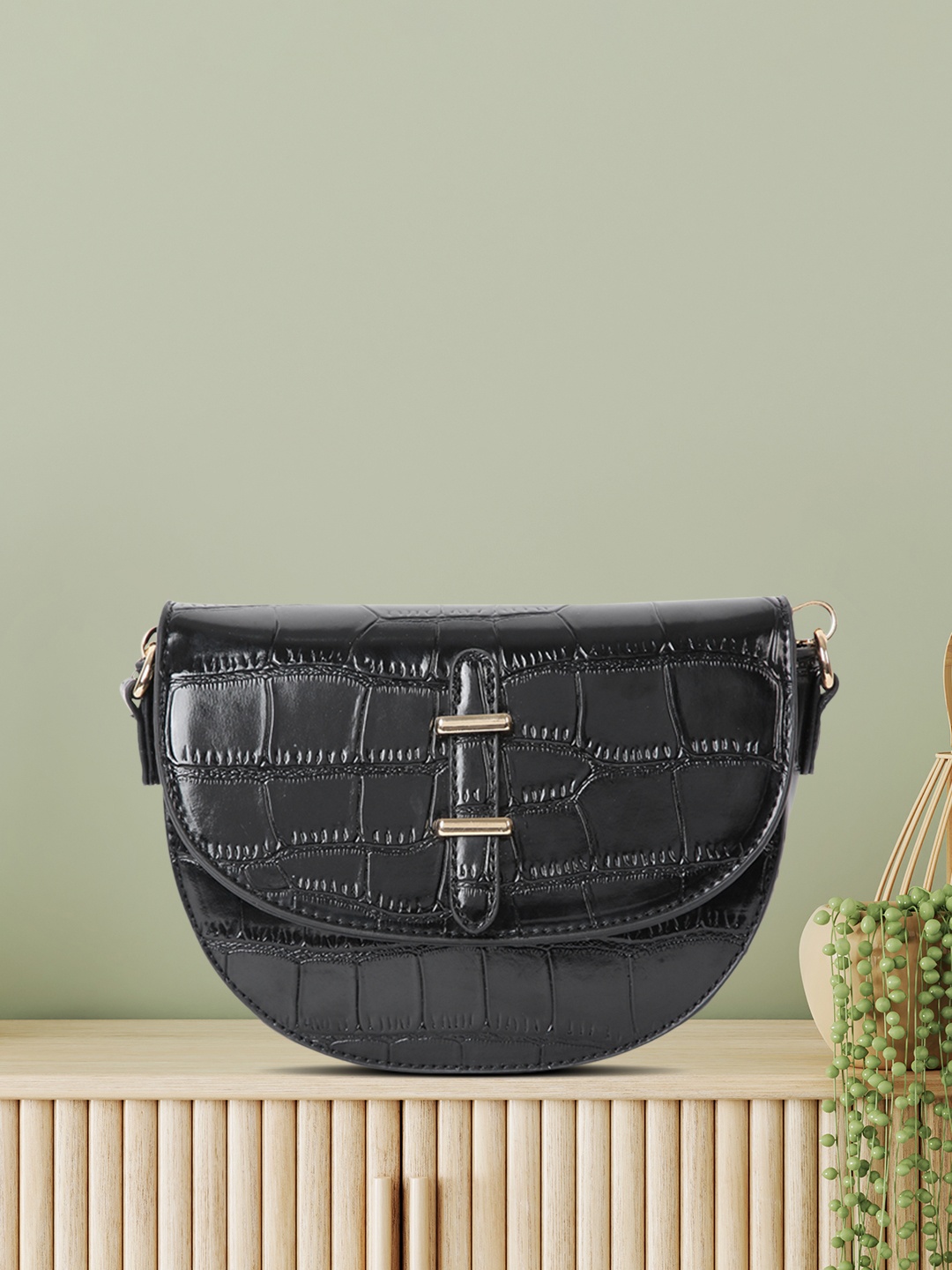 

Mast & Harbour Black Animal Textured PU Regular Half Moon Sling Bag with Buckle Detail