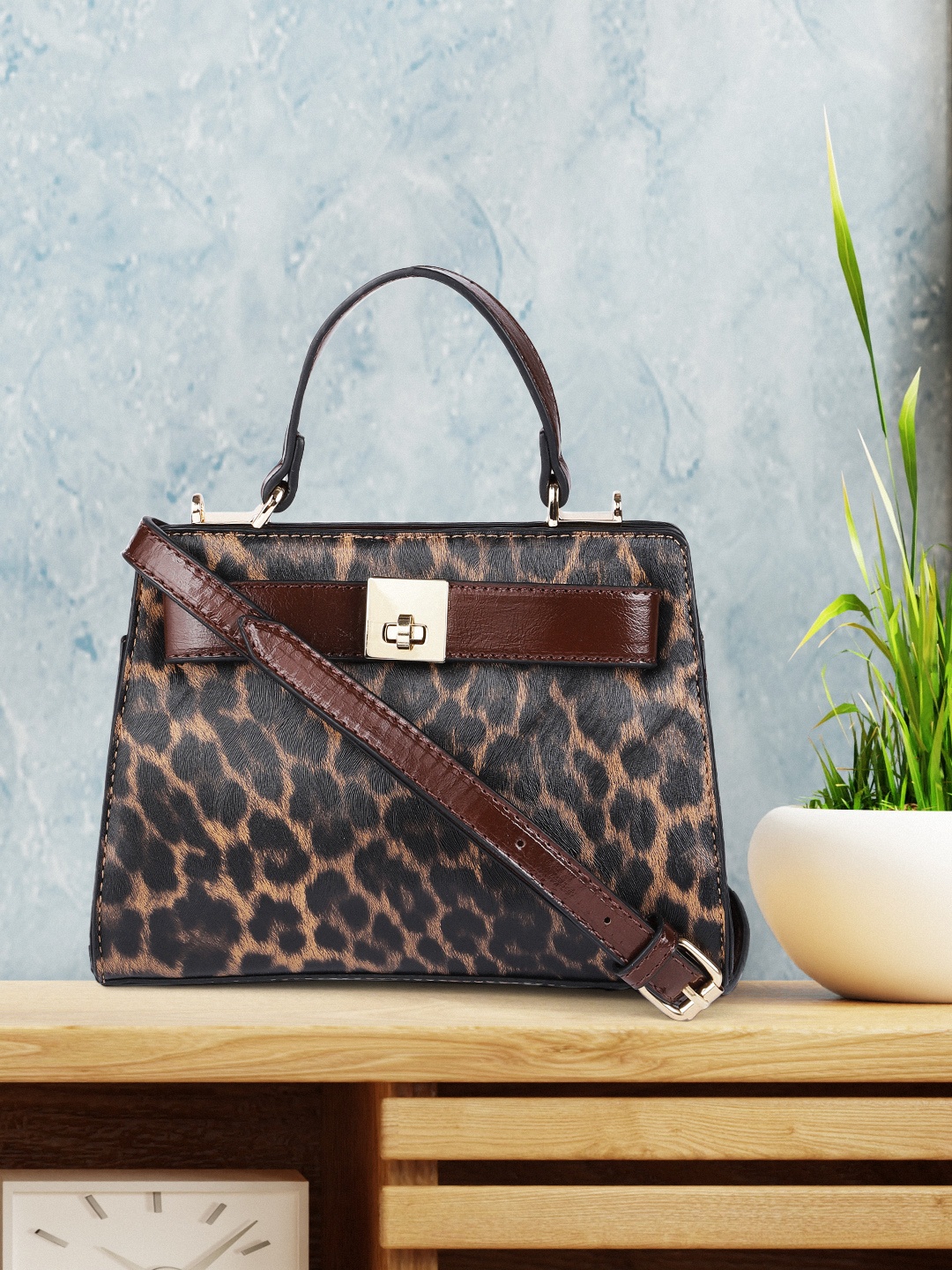 

DressBerry Tan Brown Animal Textured Structured Handheld Bag