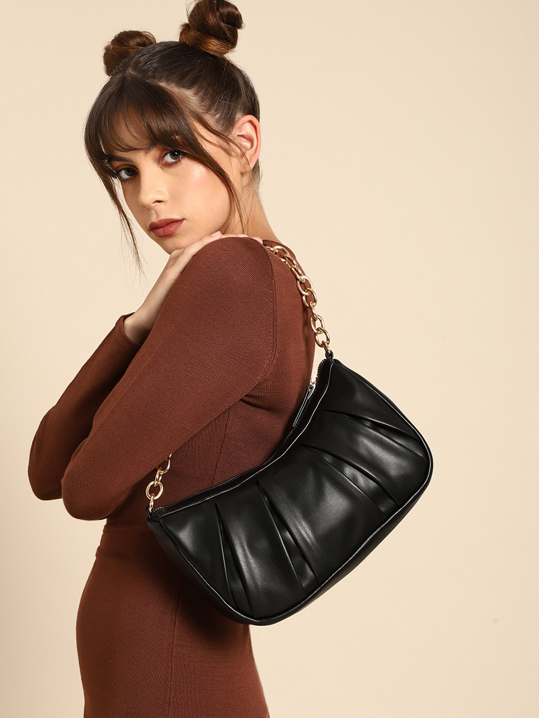 

DressBerry Black PU Structured Hobo Bag