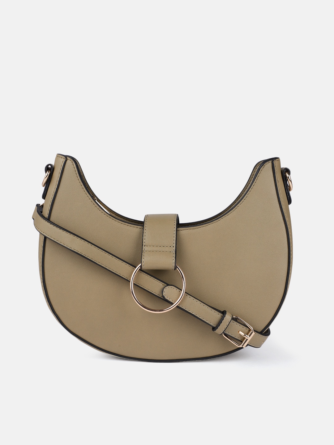 

DressBerry Olive Green Solid PU Regular Half Moon Hobo Bag with Strap & Ring Detail