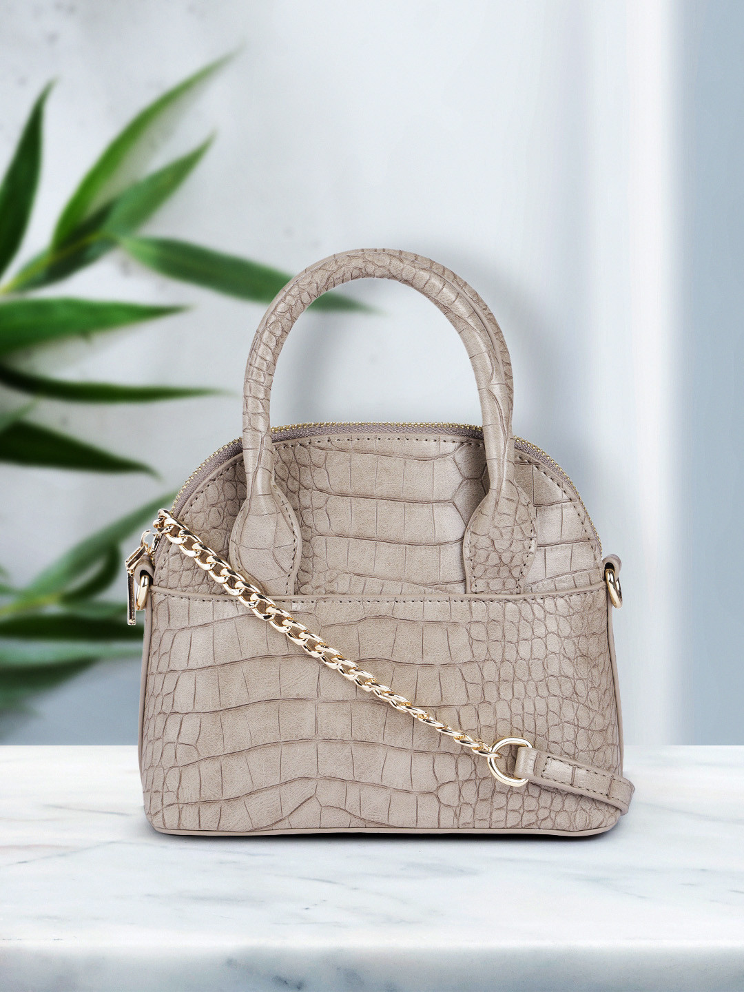 

DressBerry Khaki Textured PU Structured Handheld Bag