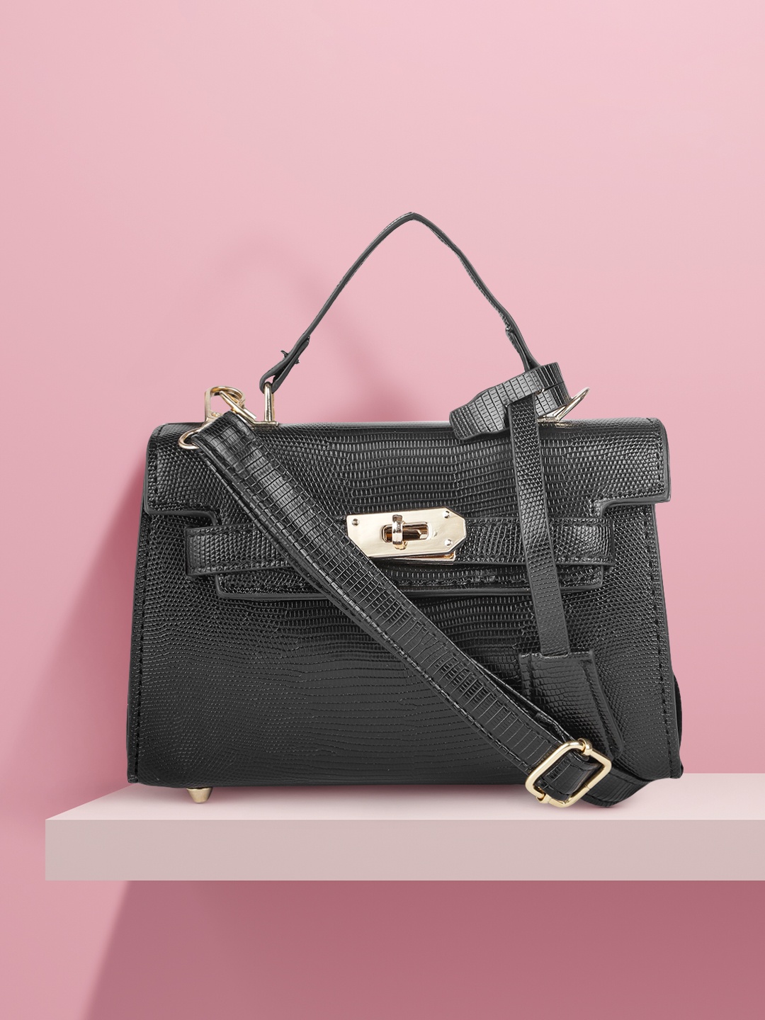 

DressBerry Black Textured PU Structured Satchel