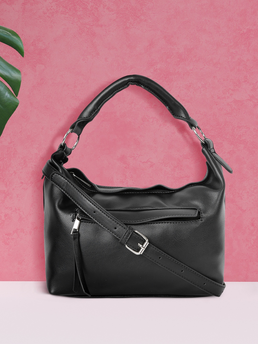

Mast & Harbour Black Solid PU Regular Structured Hobo Bag