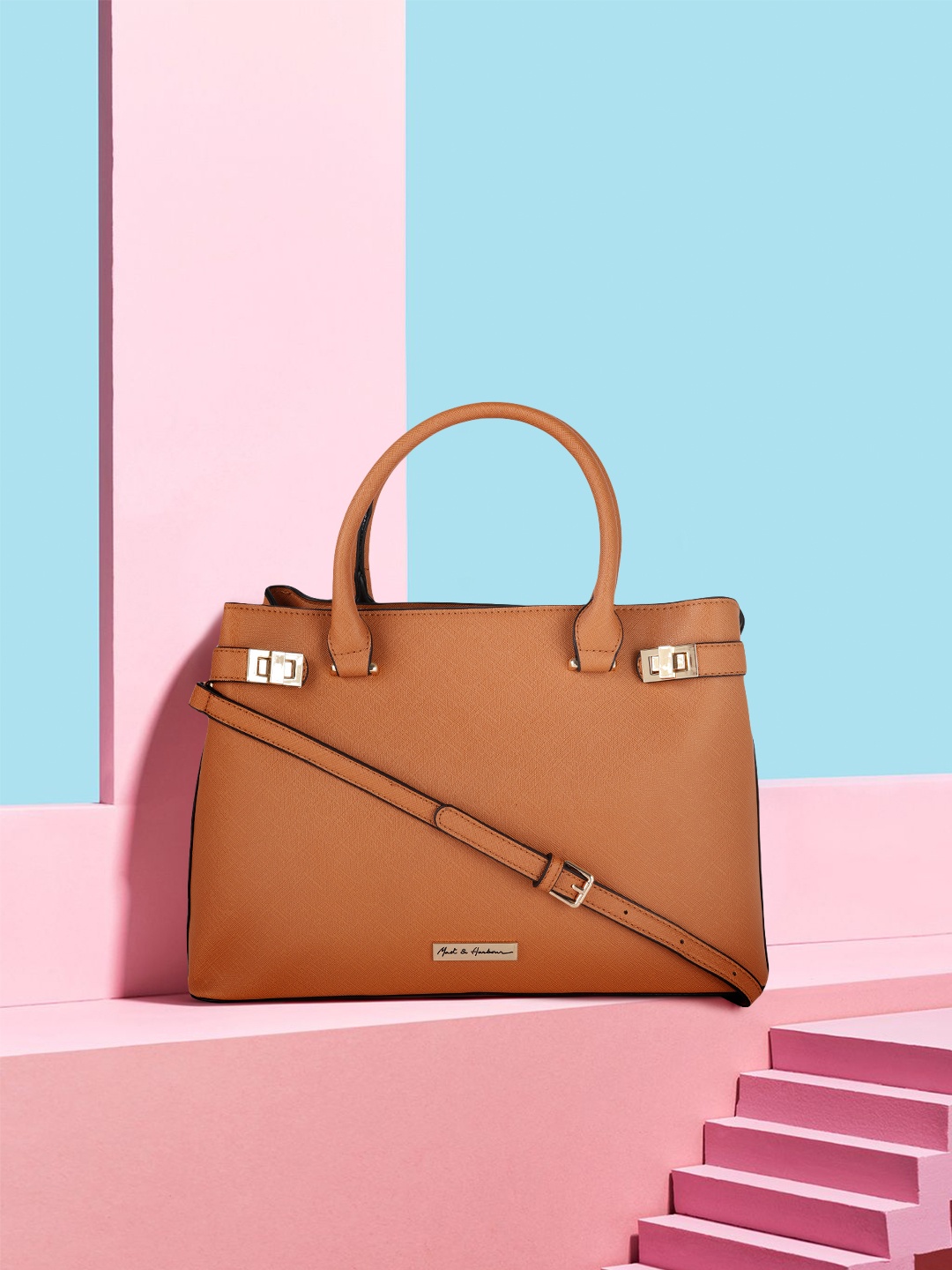 

Mast & Harbour Tan Solid PU Regular Structured Handheld Bag with Buckle Detail