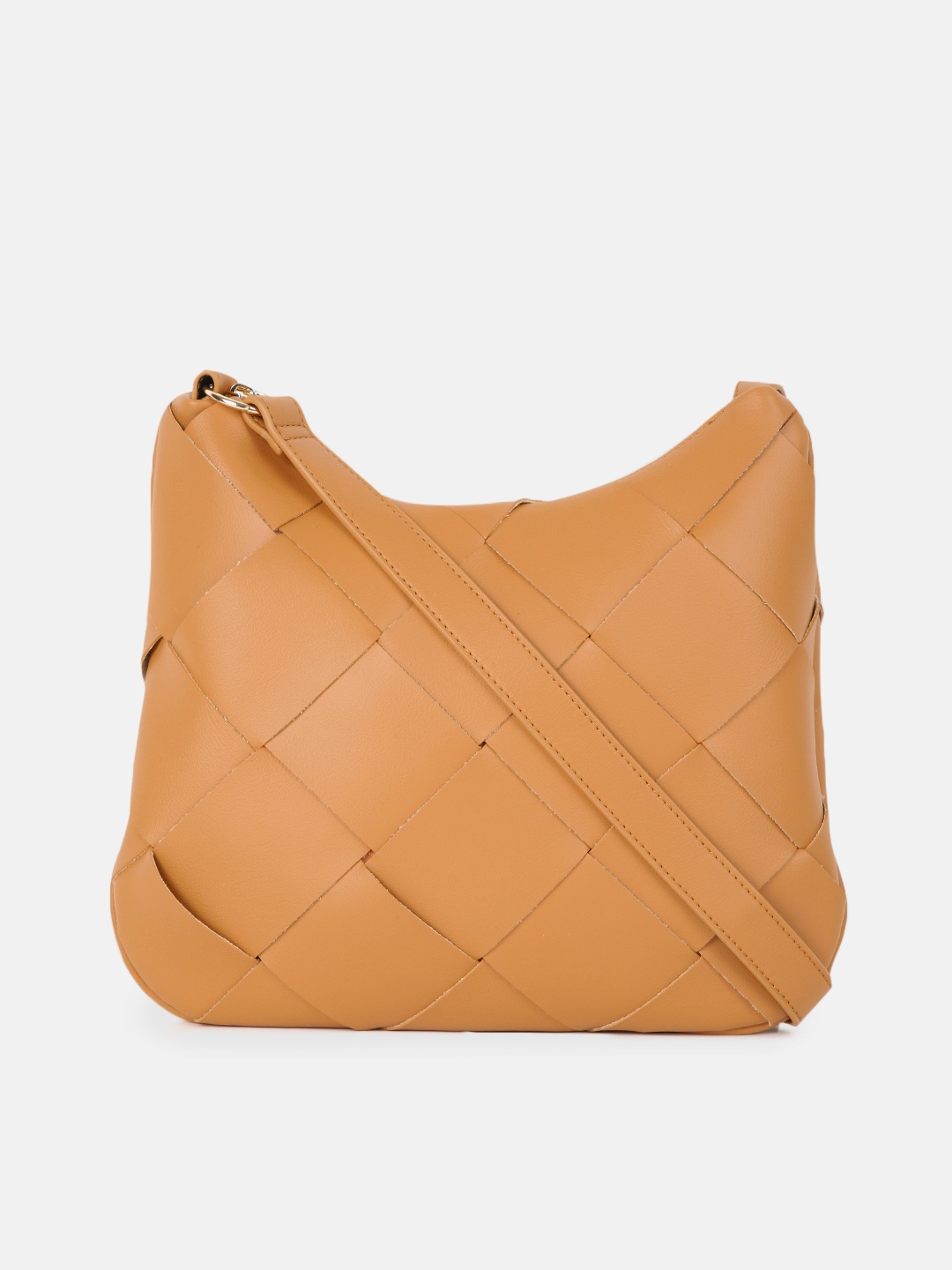 

DressBerry Tan Geometric Self Design PU Regular Structured Sling Bag with Cut Work Detail
