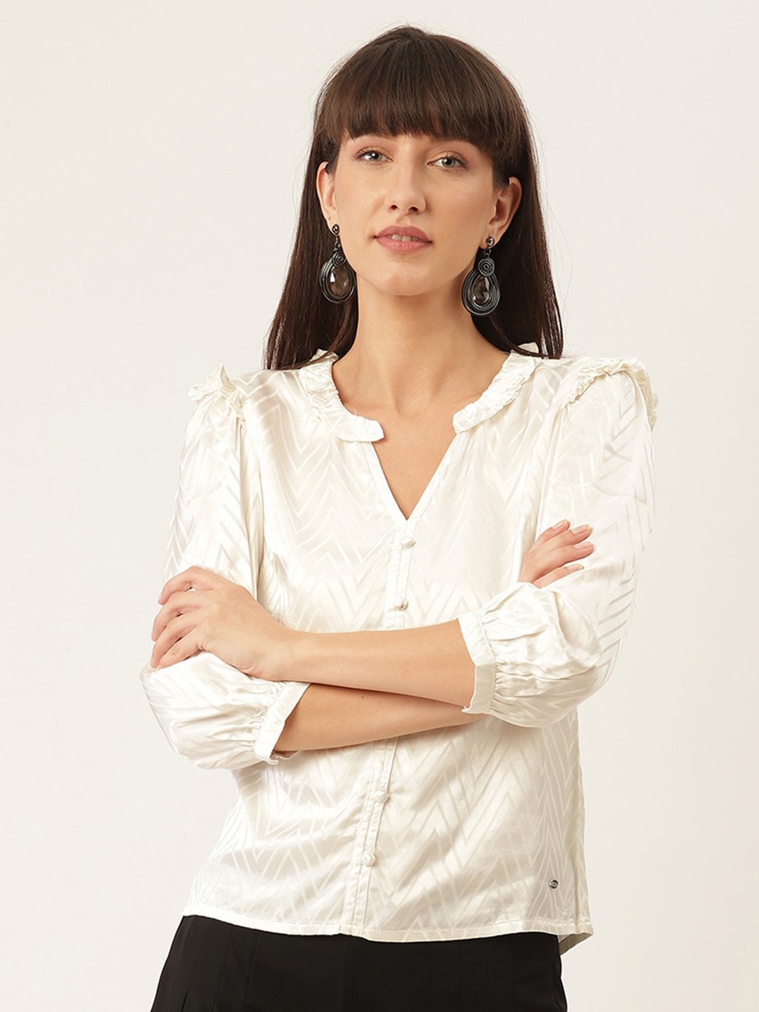 

ELLE Women White Mandarin Collar Regular Top