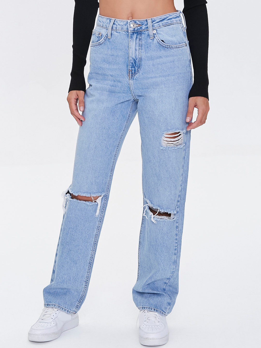 

FOREVER 21 Women Blue Straight Fit High-Rise Slash Knee Light Fade Jeans