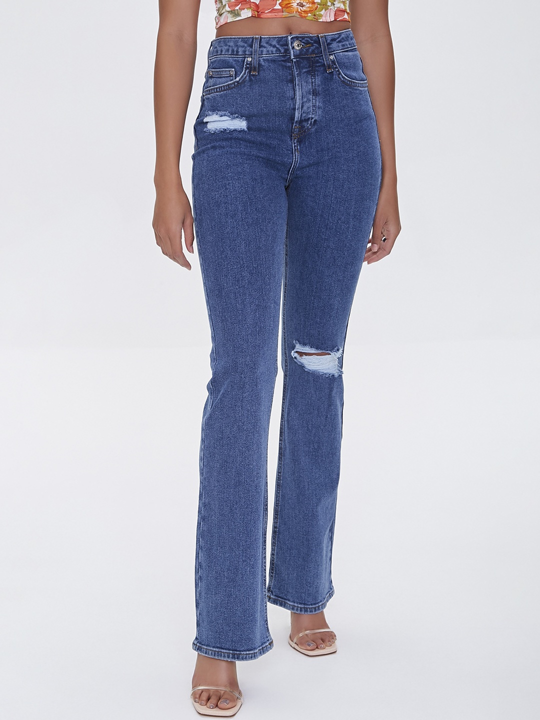 

FOREVER 21 Women Blue Flared High-Rise Low Distress Jeans