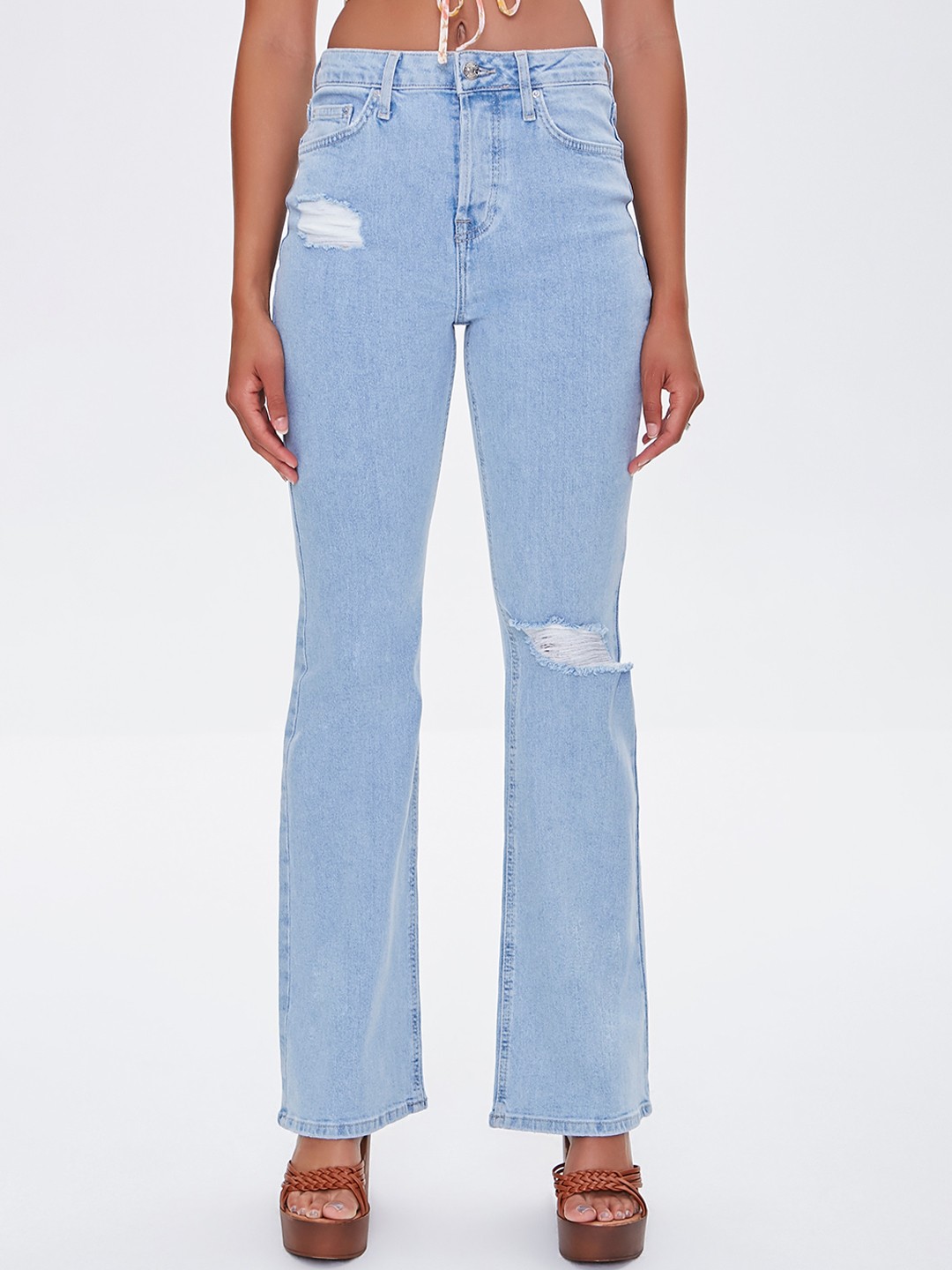 

FOREVER 21 Women Blue High-Rise Low Distress Jeans
