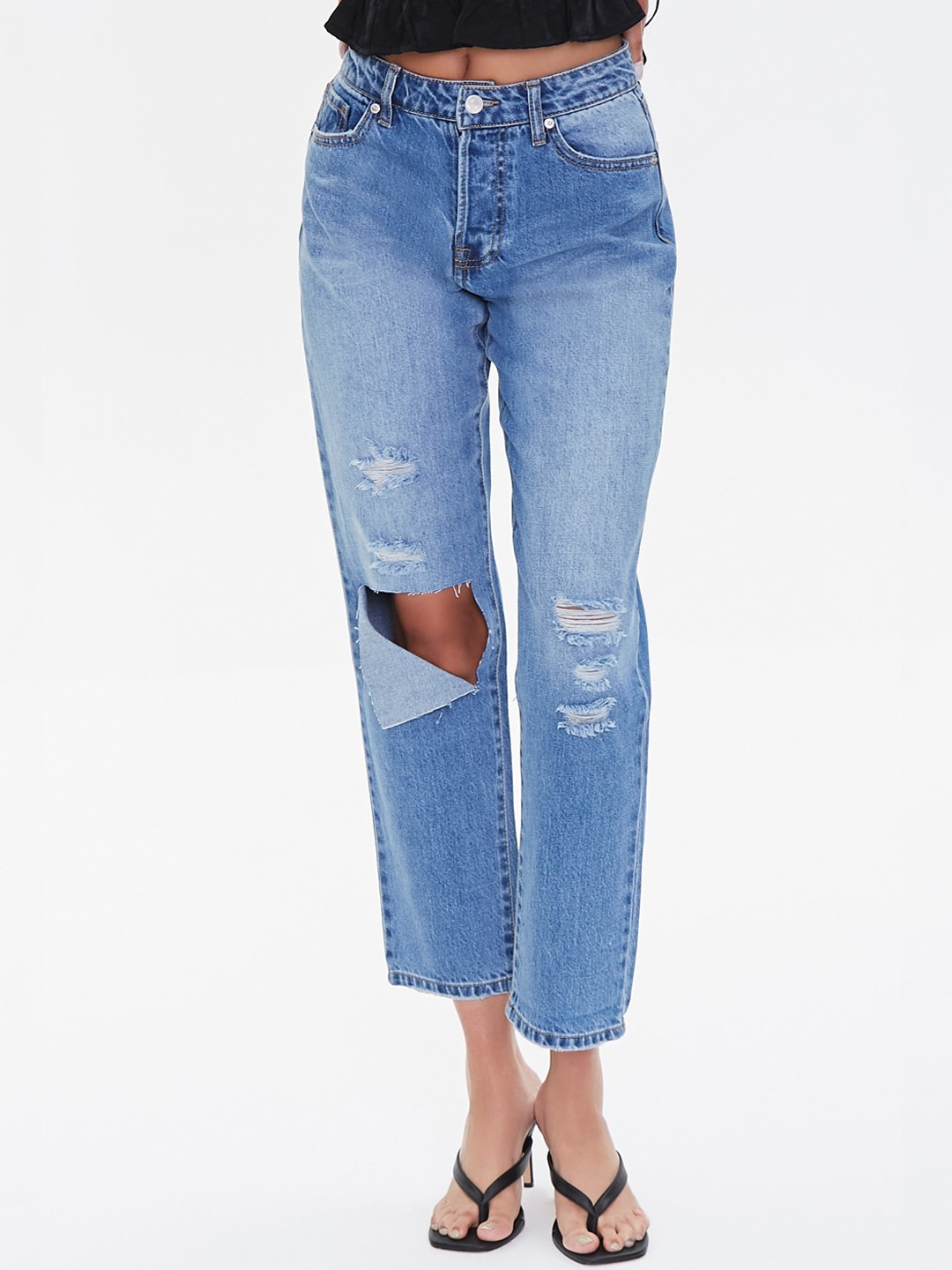 

FOREVER 21 Women Blue Highly Distressed Boyfriend Cotton Jeans