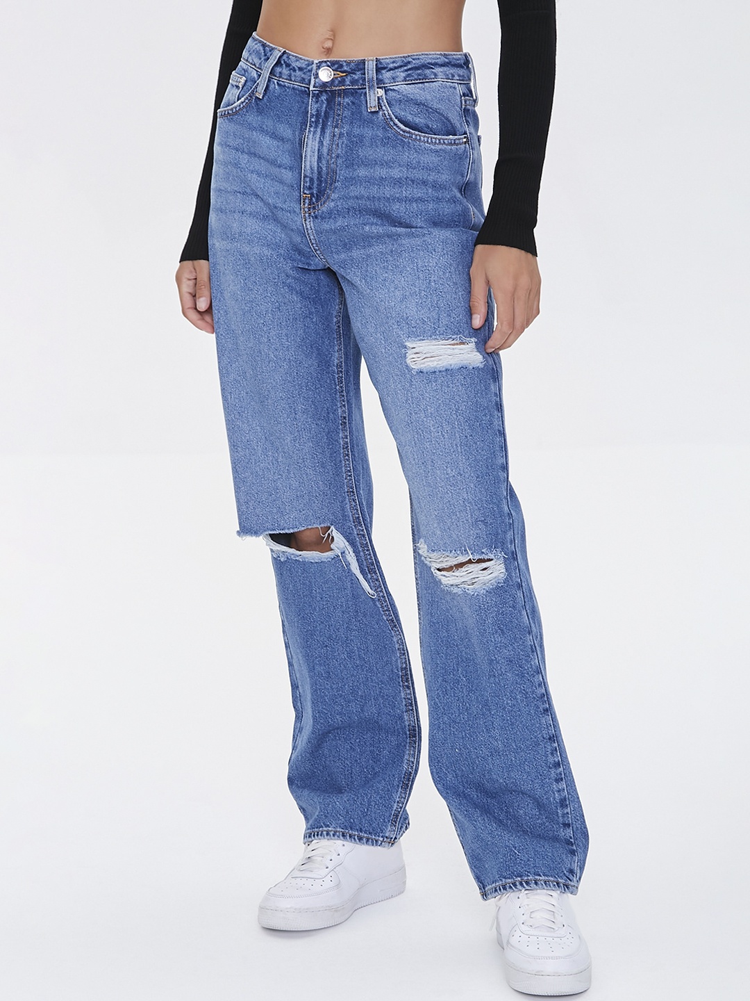 

FOREVER 21 Women Blue Wide Leg High-Rise Slash Knee Light Fade Jeans