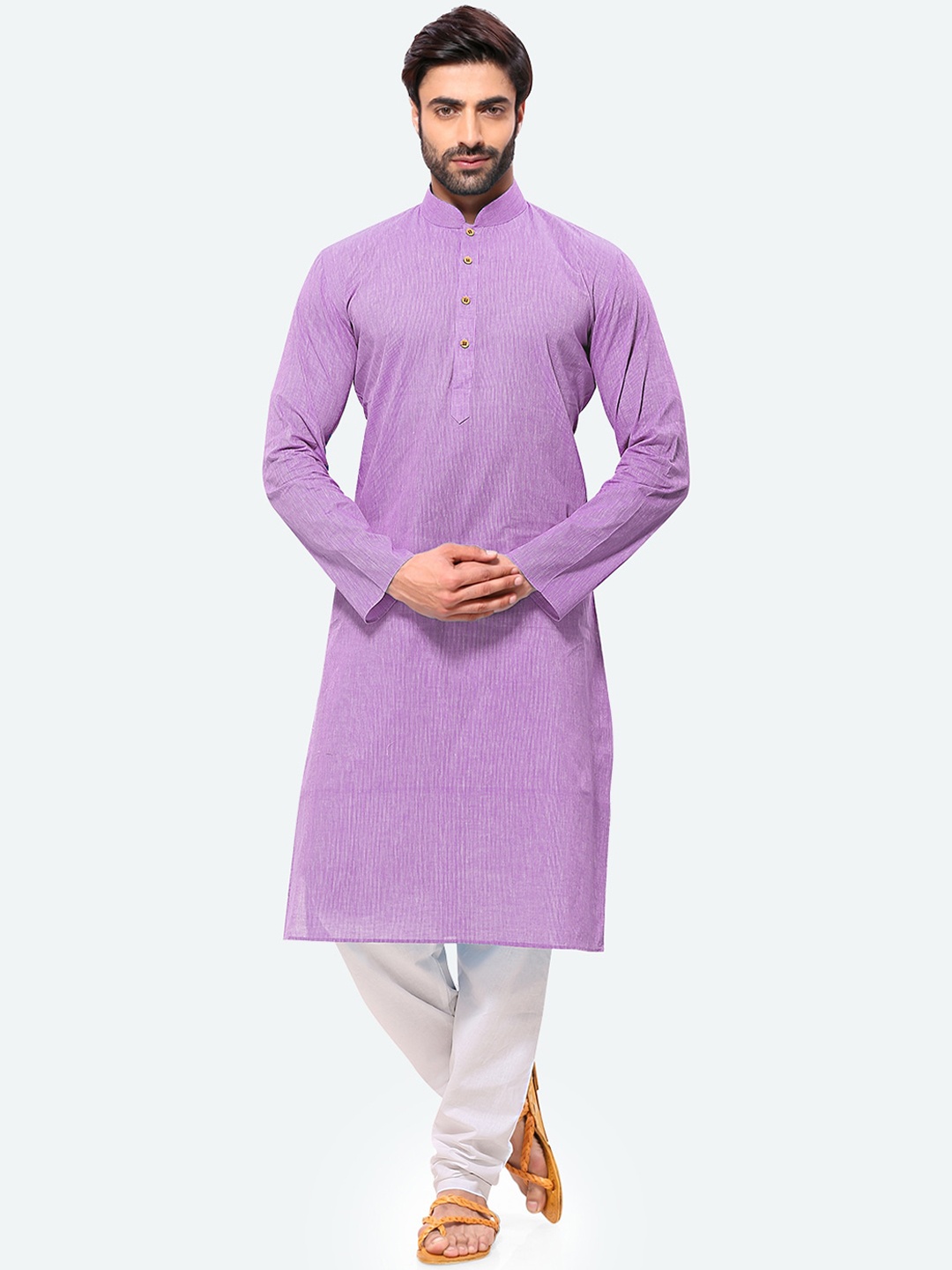 

RG DESIGNERS Men Purple & White Striped Regular Handloom Kurta with Churidar