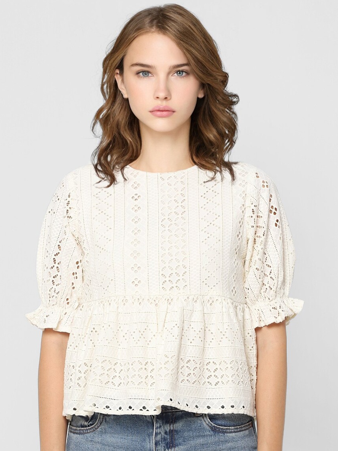 

ONLY Off White Puff Sleeved Peplum Top