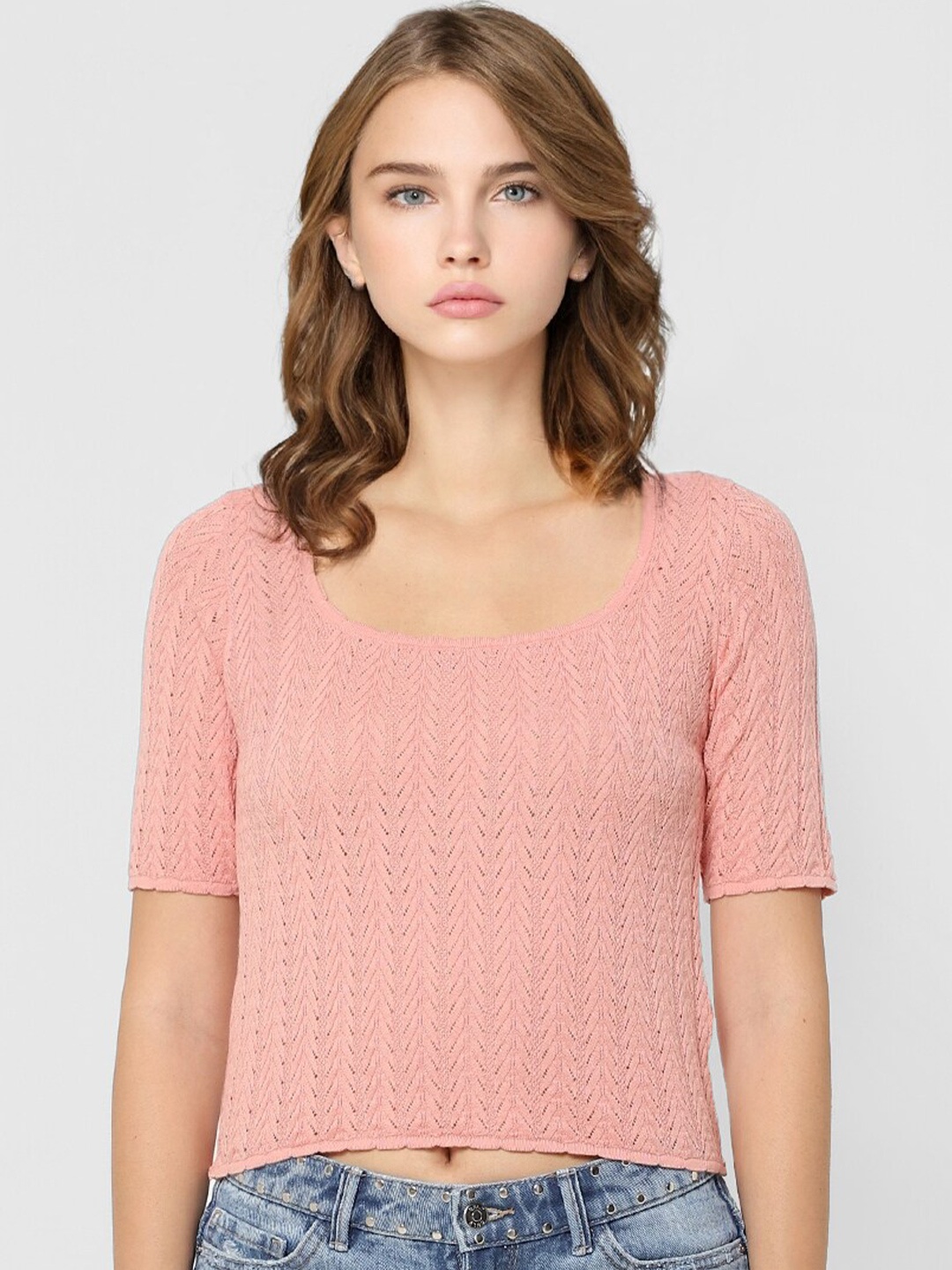 

ONLY Pink Self Design Regular Crop Top