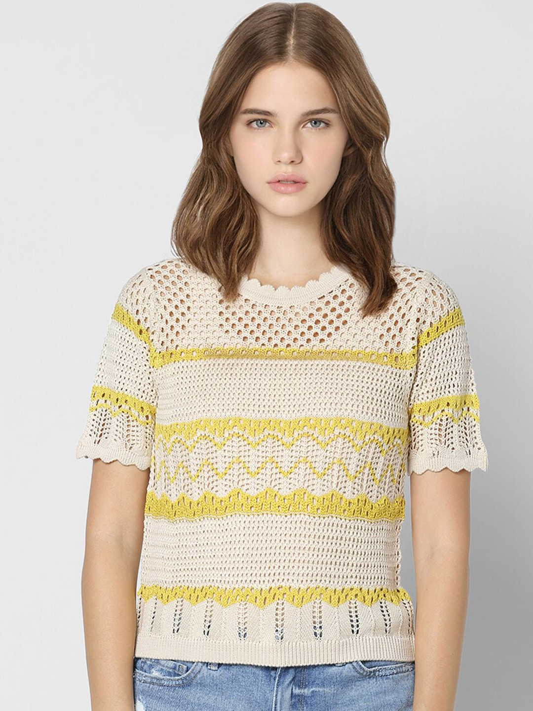 

ONLY Beige & Yellow Geometric Knitted Cotton Regular Top