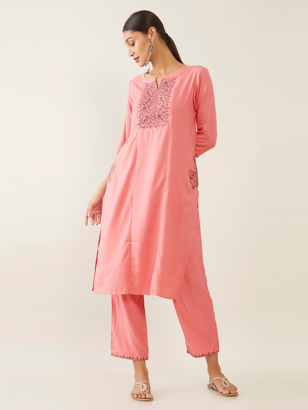 

Soch Women Pink Floral Embroidered Regular Thread Work Pure Cotton Kurta with Trousers