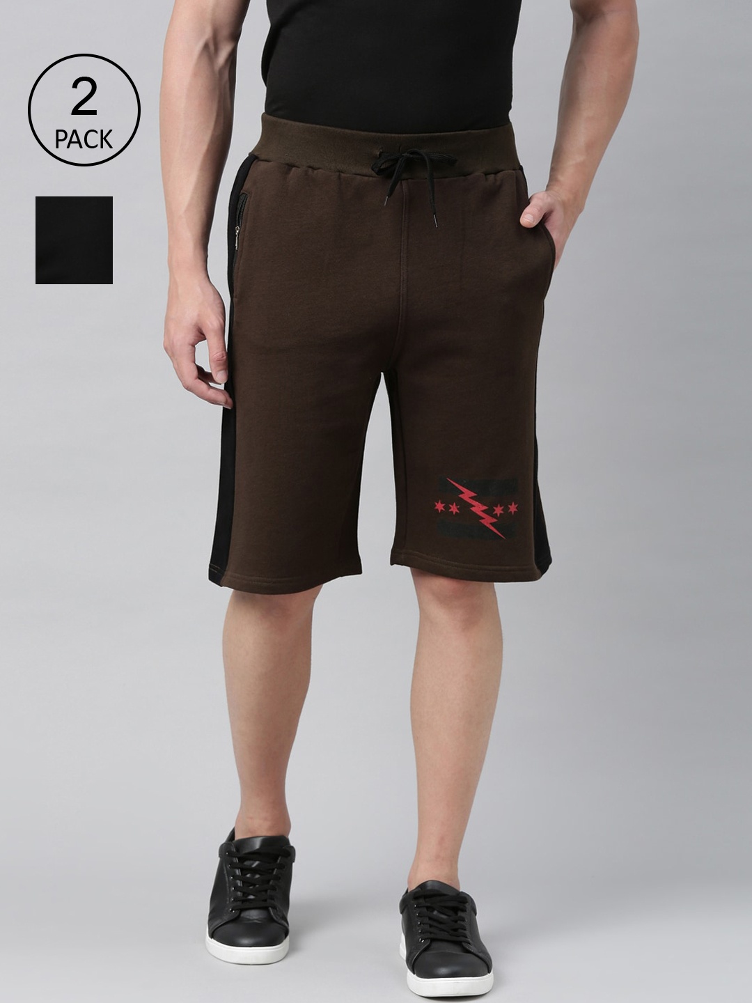 

Kryptic Pack of 2 Men Black & Khaki Regular Cotton Shorts