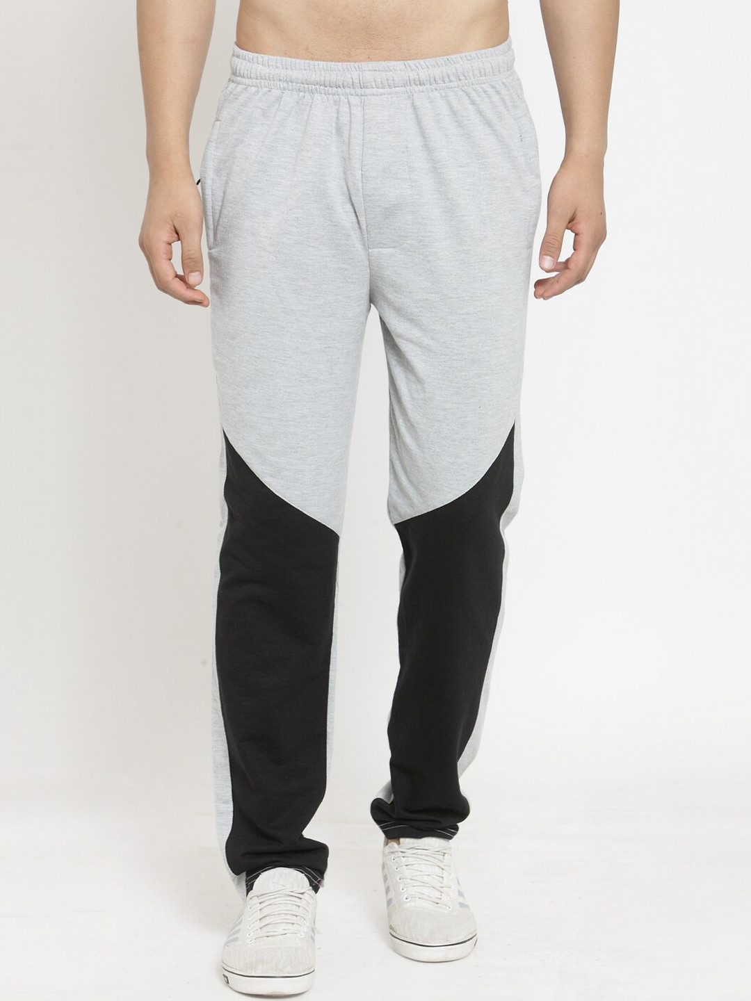 

JAINISH Men Grey & Black Colourblocked Pure Cotton Track Pants