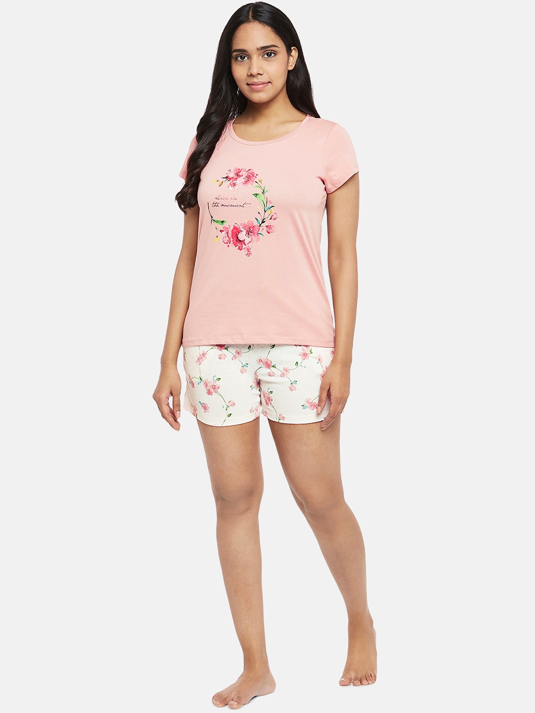 

Dreamz by Pantaloons Women Pink & Green Printed Night Suit