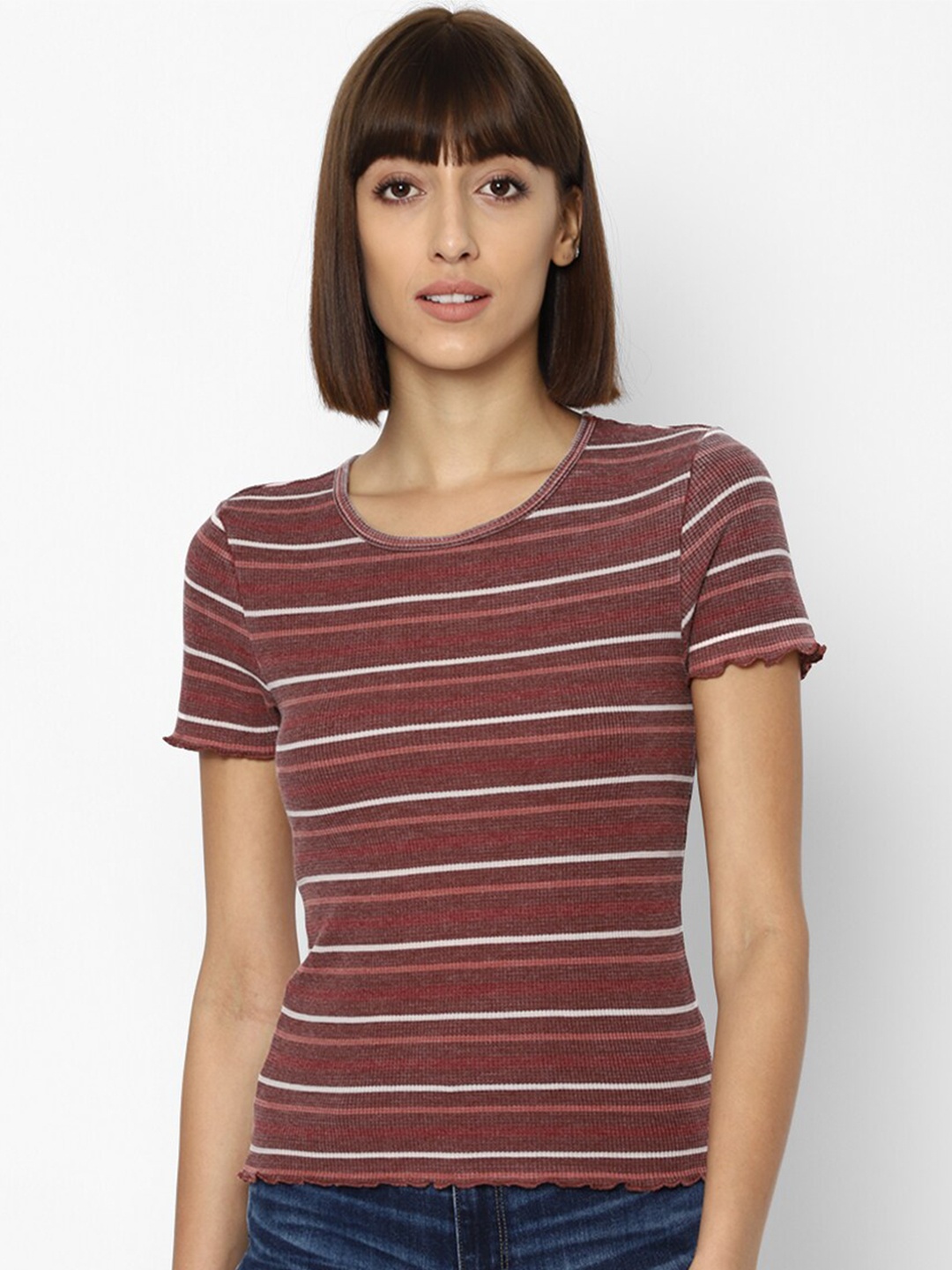 

AMERICAN EAGLE OUTFITTERS Women Maroon Striped Pockets Slim Fit T-shirt