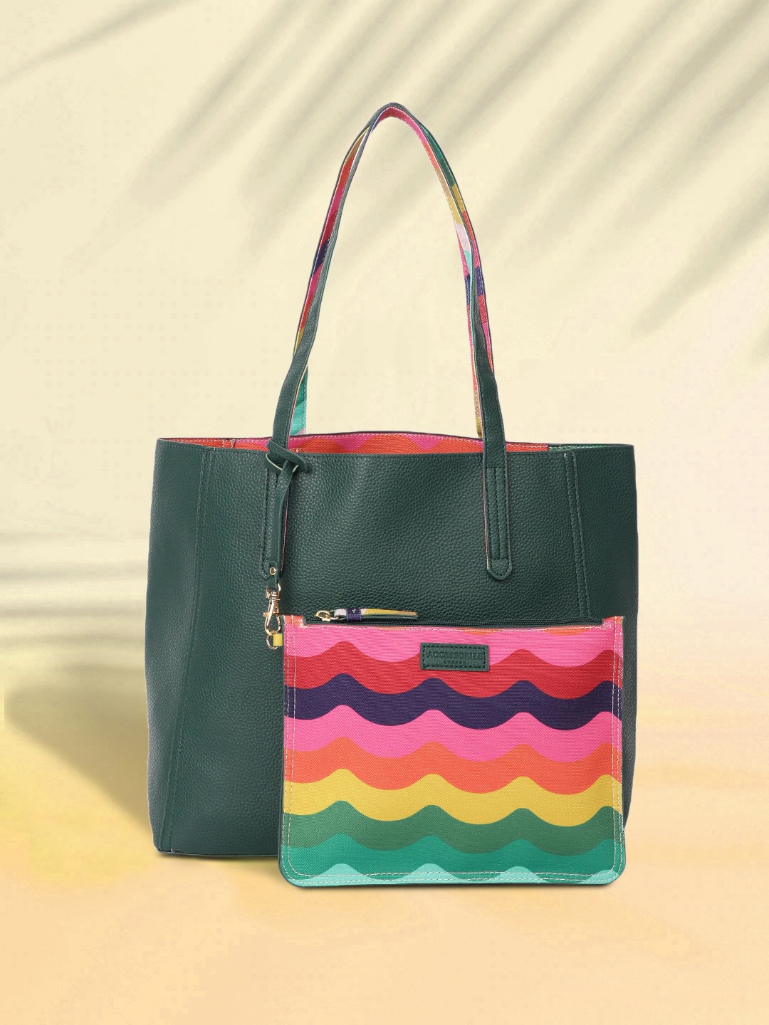 

Accessorize London Women Faux Leather Reversible Rainbow Bag With Pouch, Green