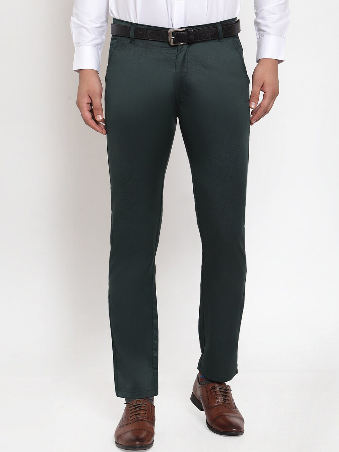 

JAINISH Men Olive Green Tapered Fit Formal Trousers