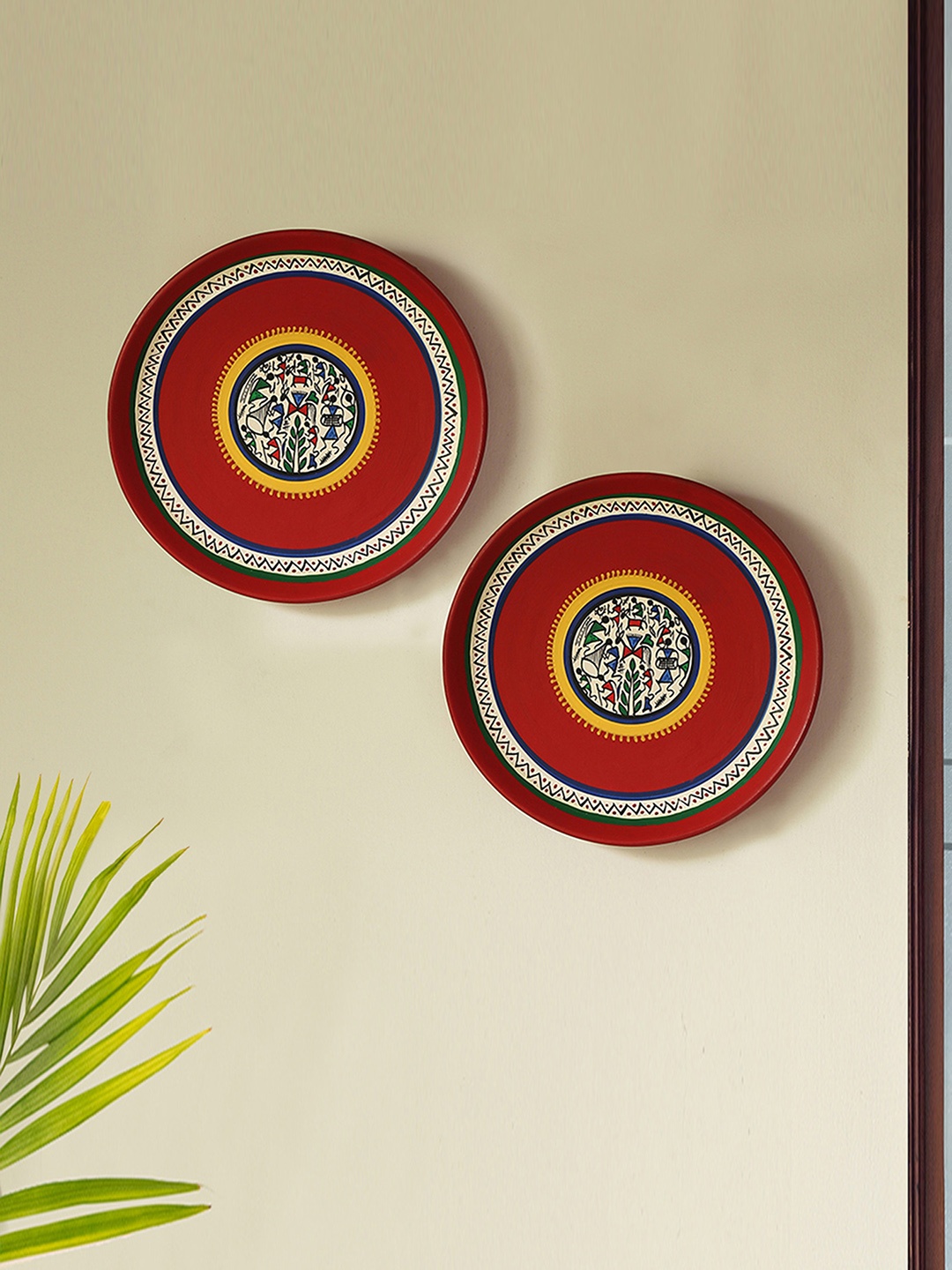 

ExclusiveLane Set of 2 Terracotta Warli Wall Plates Handpainted Wall Decor (8 inches), Red