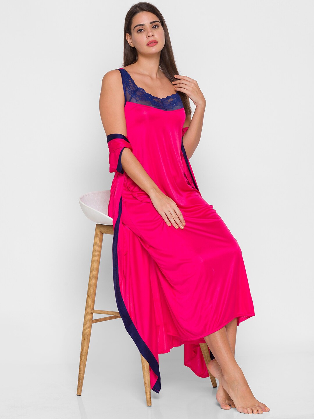 

AV2 Women Pink & Blue Solid Night Dress With Robe