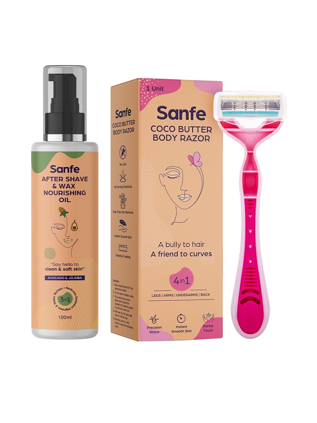 

Sanfe Women Coco Butter Hair Removal Body Razor With After Shave & Wax Nourishing Oil, Coral