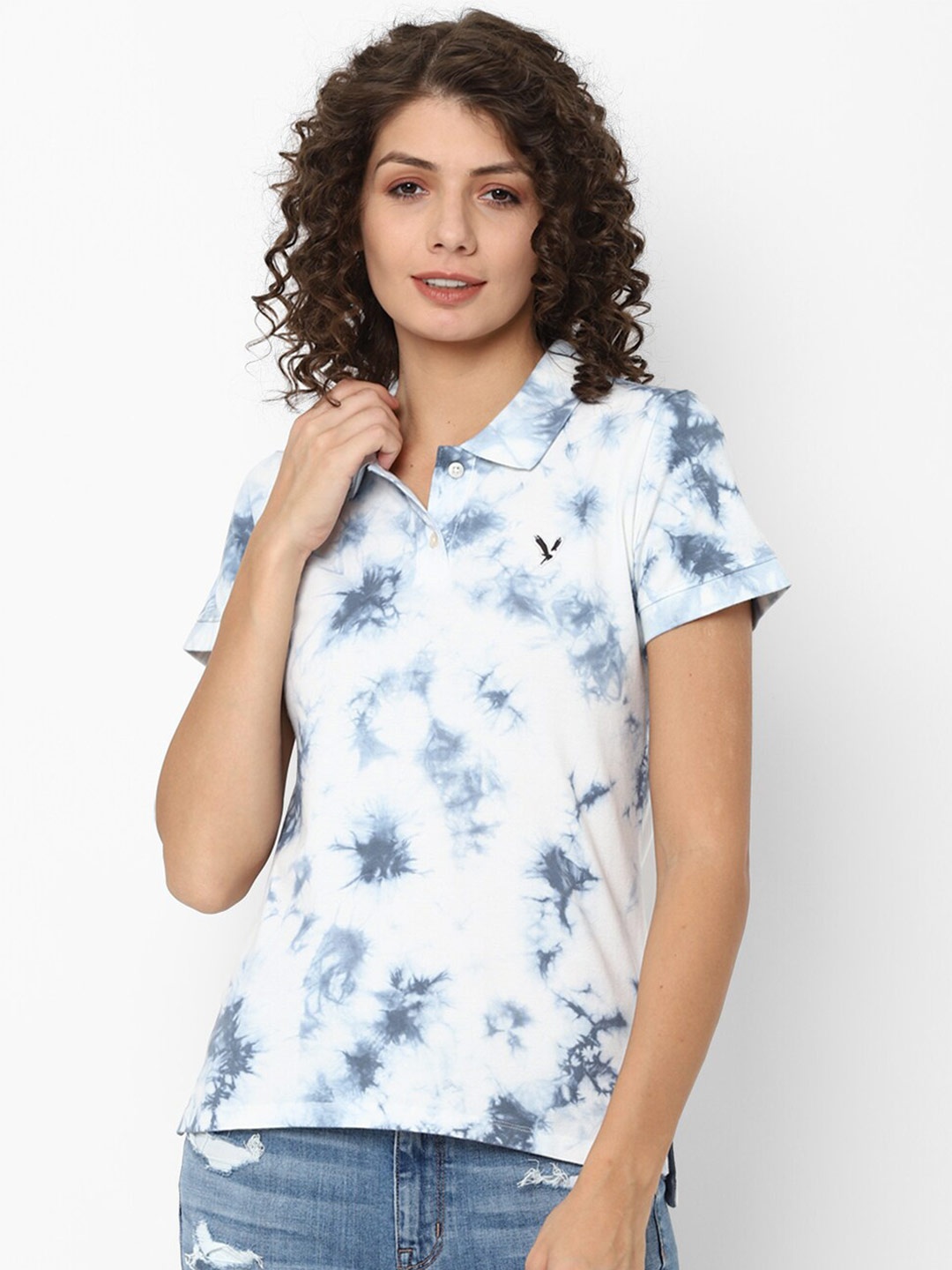 

AMERICAN EAGLE OUTFITTERS Women Blue Tie and Dye Polo Collar T-shirt
