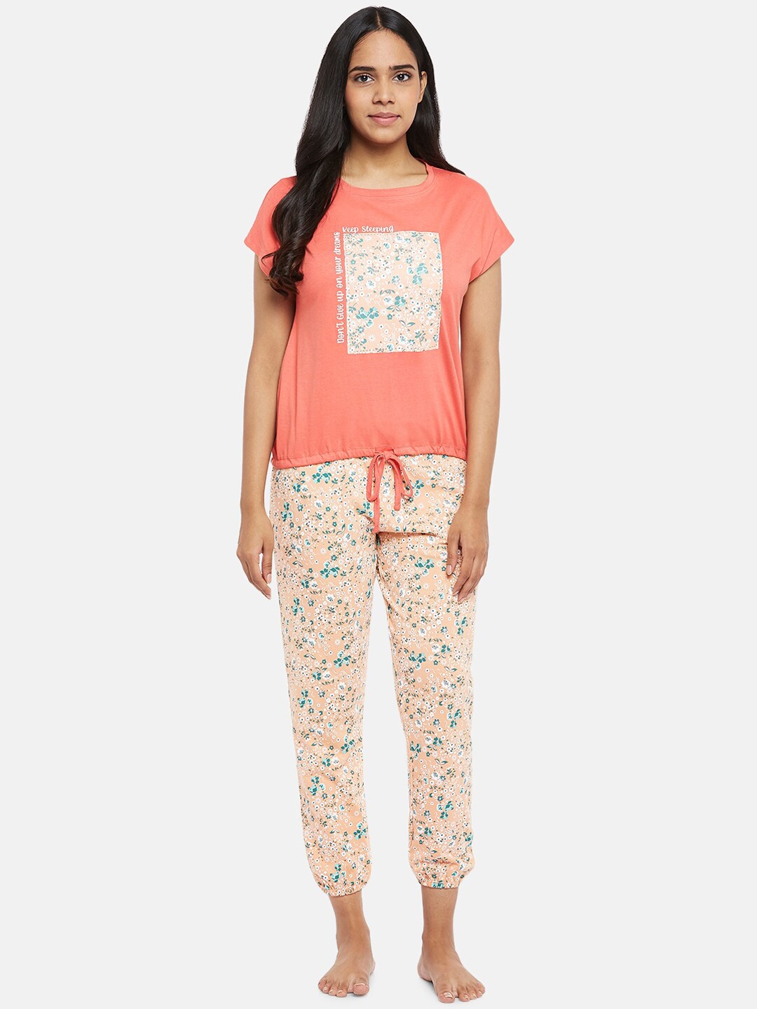 

People Women Peach-Coloured & Teal Floral Printed Night suit