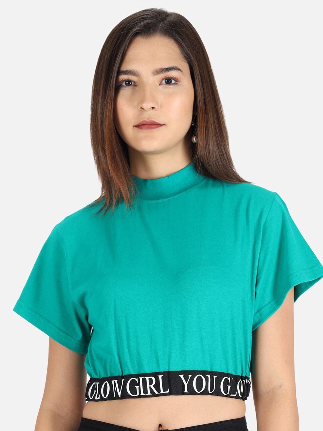 

The Dry State Women Sea Green & Black Typography Printed High Neck Cotton T-shirt