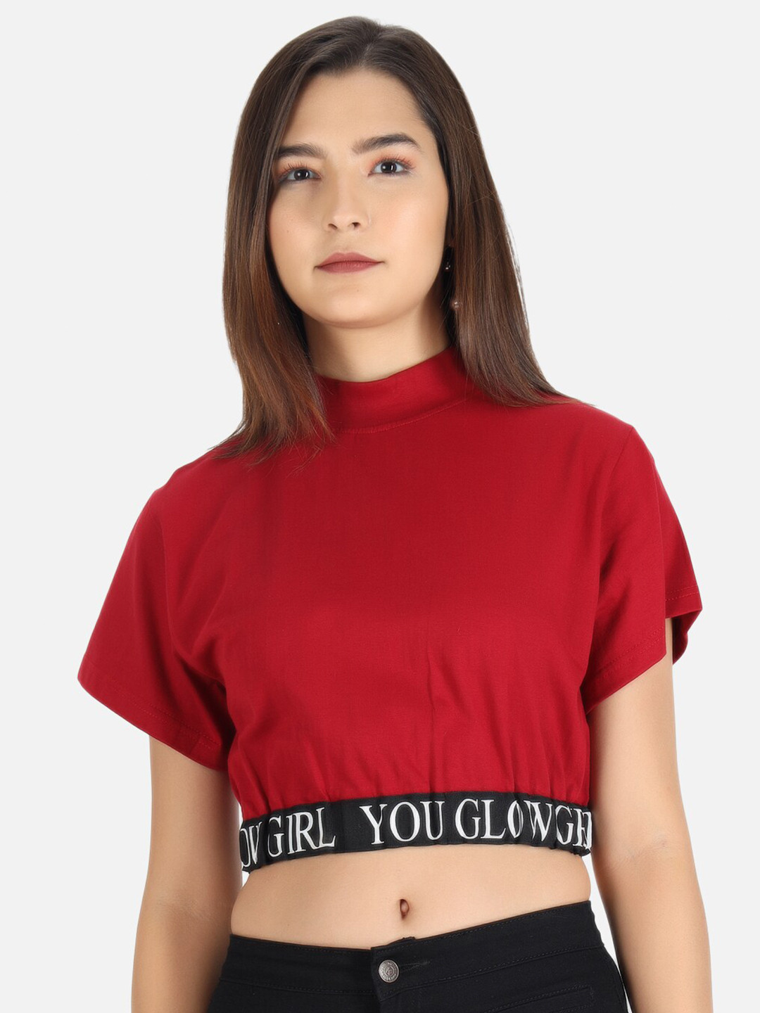 

The Dry State Women Red High Neck Extended Sleeves T-shirt