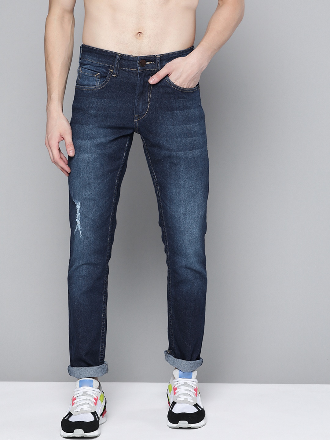 

HERE&NOW Men Navy Blue Slim Fit Low Distress Light Fade Stretchable Jeans