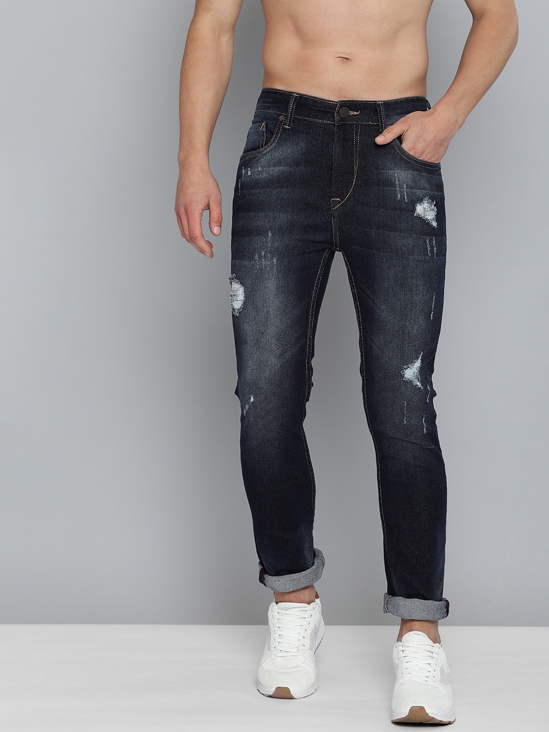 

HERE&NOW Men Indigo Skinny Fit Mildly Distressed Light Fade Stretchable Jeans, Navy blue