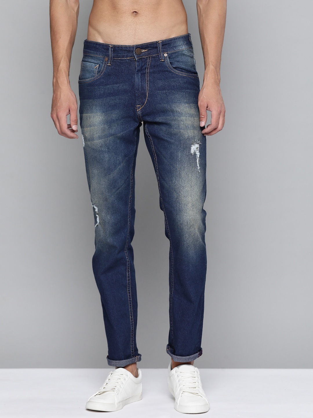 

HERE&NOW Men Navy Blue Slim Fit Low-Rise Low Distress Light Fade Stretchable Jeans