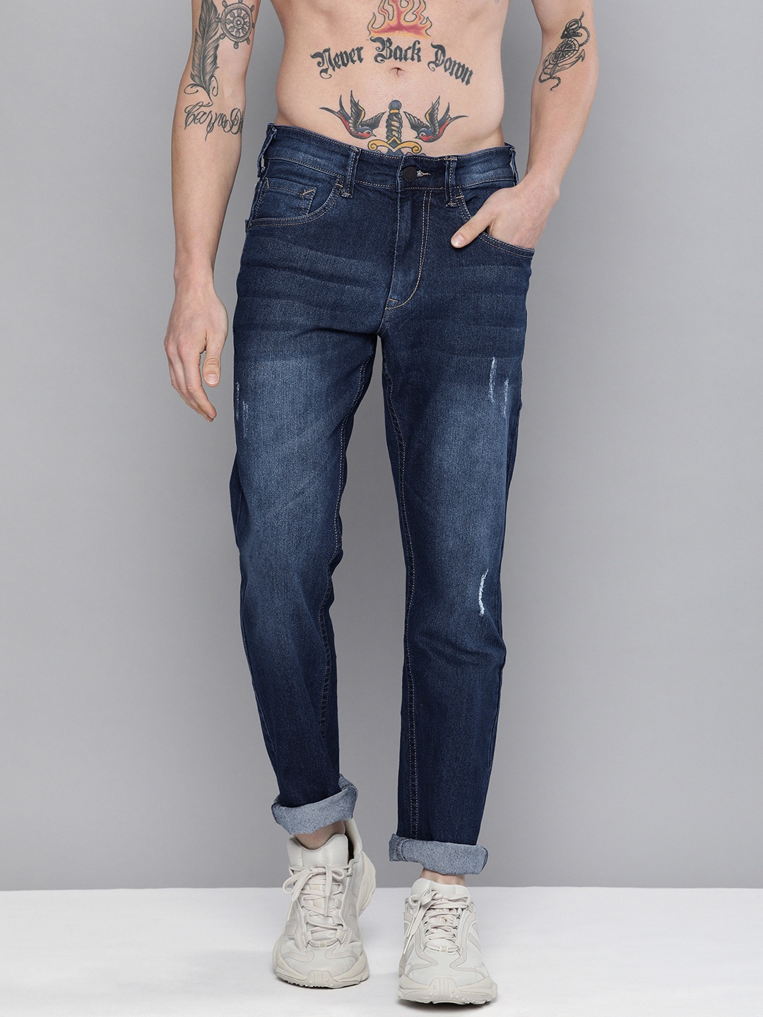 

HERE&NOW Men Navy Blue Slim Fit Mildly Distressed Heavy Fade Stretchable Jeans