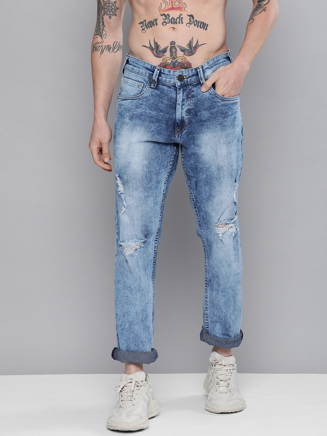 

HERE&NOW Men Blue Slim Fit Low-Rise Light Fade Acid Wash Stretchable Jeans