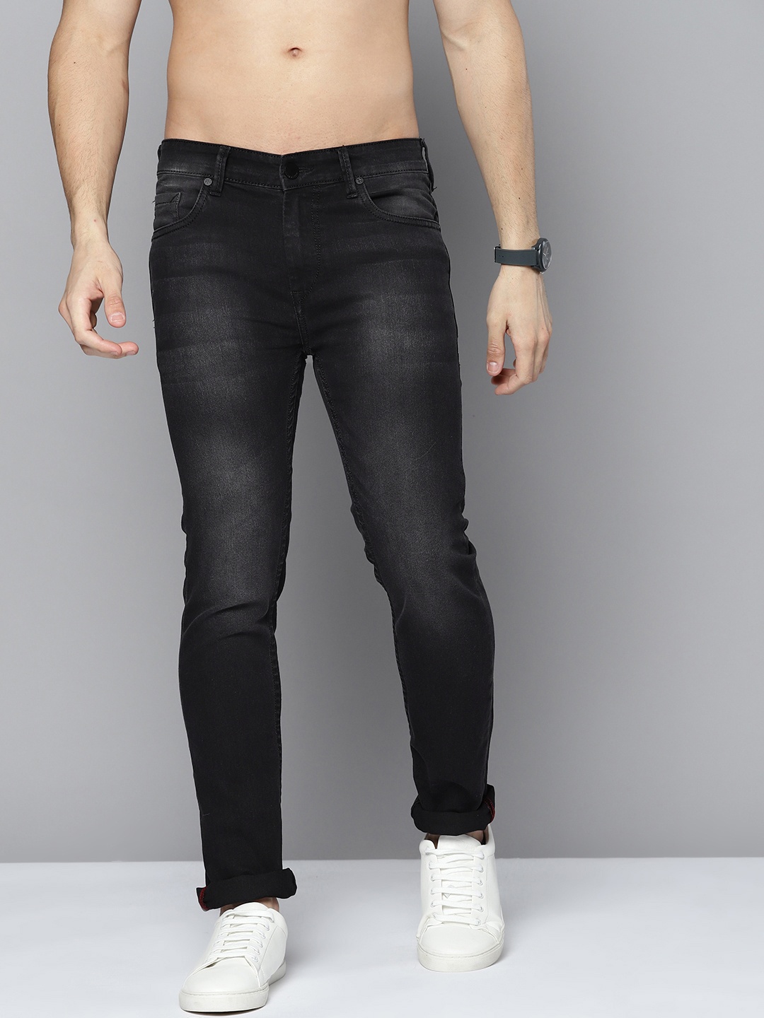 

HERE&NOW Men Charcoal Grey Clean Look Skinny Fit Light Fade Stretchable Jeans, Black