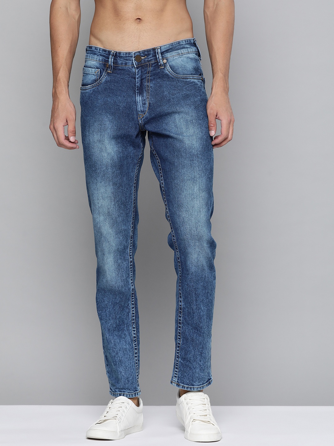 

HERE&NOW Men Blue Slim Fit Low-Rise Heavy Fade Acid Wash Stretchable Jeans