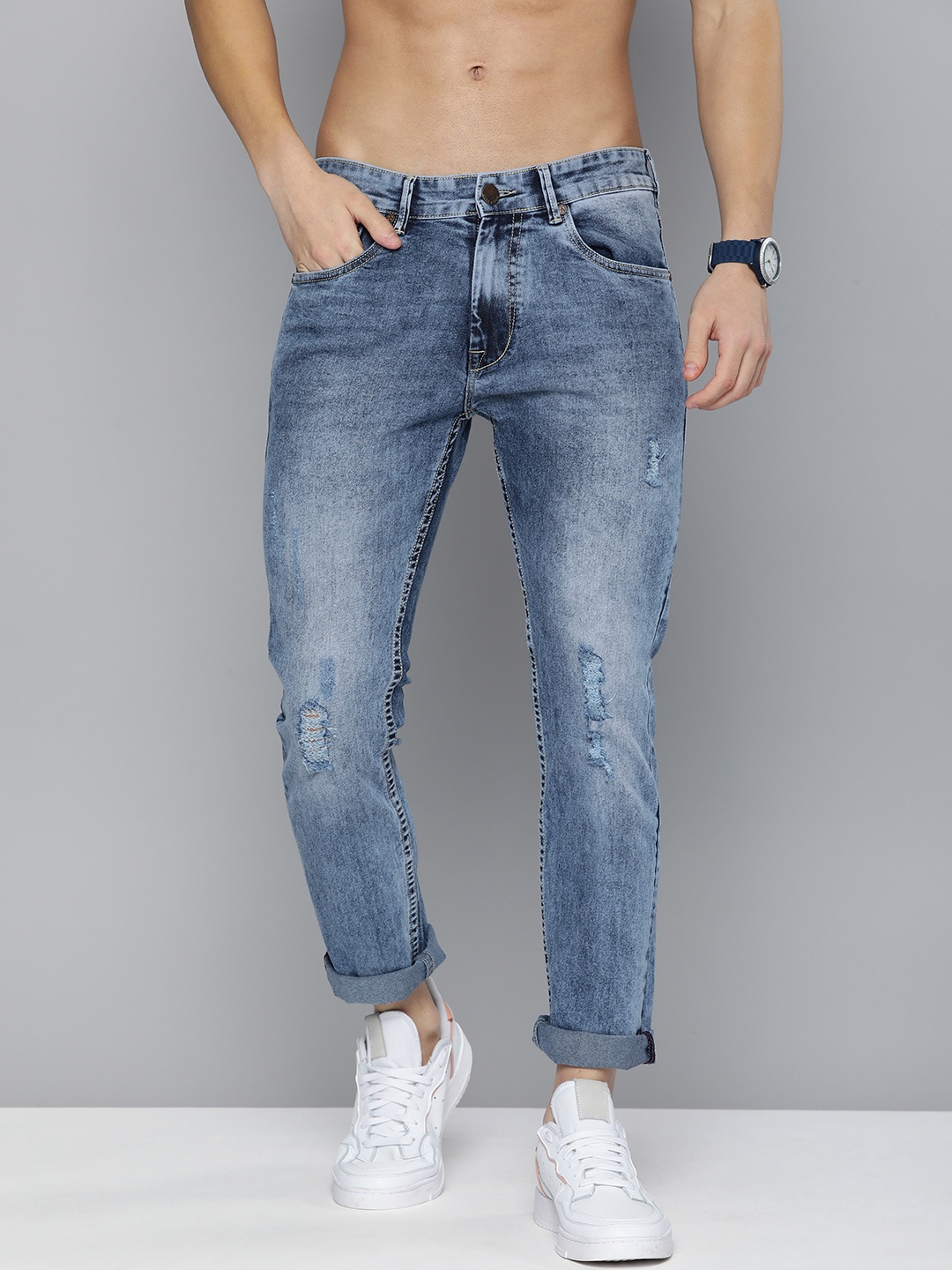 

HERE&NOW Men Blue Mildly Distressed Heavy Fade Slim Fit Stretchable Jeans
