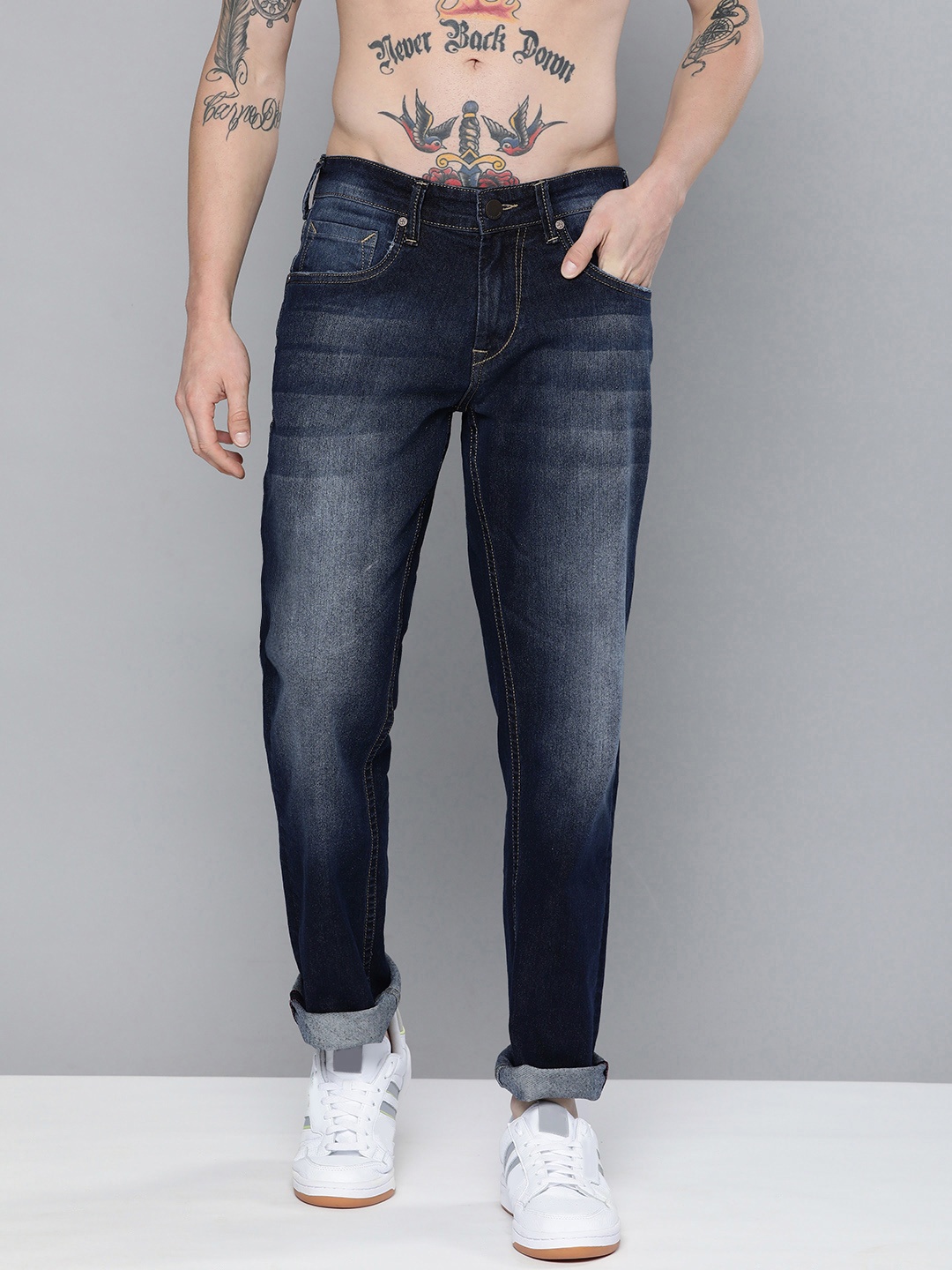 

HERE&NOW Men Navy Blue Slim Fit Low-Rise Clean Look Heavy Fade Jeans