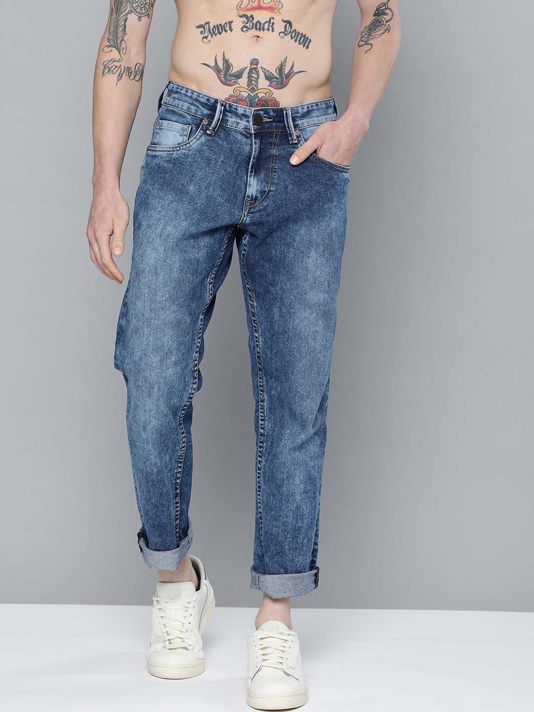 

HERE&NOW Men Blue Regular Fit Low-Rise Light Fade Clean Look Acid Wash Jeans